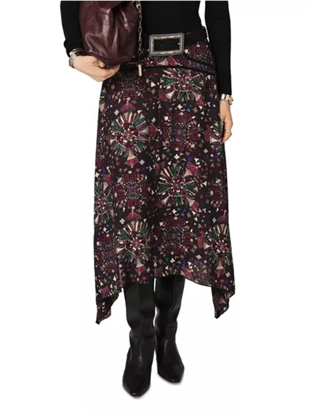 ba&sh Friea Printed Midi Skirt Anthracite Size 44 XXL Boho Floral Handkerchief